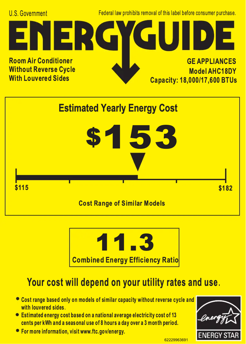 Page 1 de la notice Label énergétique GE AHC18DY