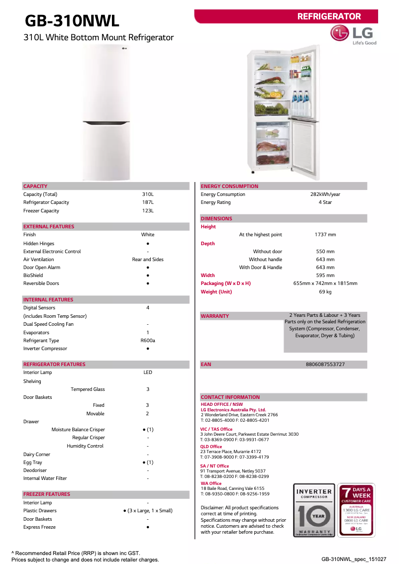 Page 1 de la notice Fiche technique LG GB-310NWL