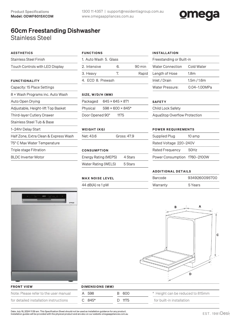 Page n°1 - Fiche technique Omega ODWF6015XCOM