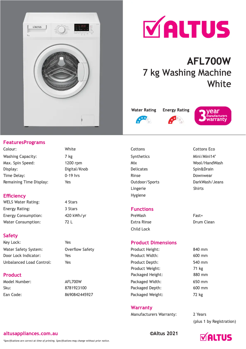 Page 1 de la notice Fiche technique Altus AFL700W