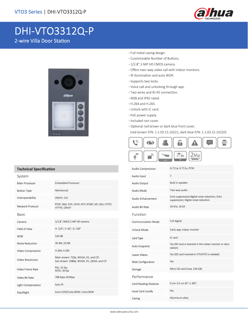 Page n°1 - Fiche technique Dahua Technology VTO3312Q-P