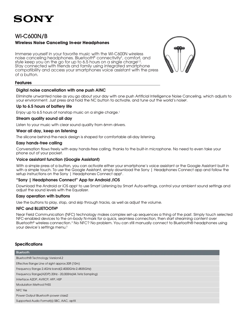 Page 1 de la notice Fiche technique Sony WI-SP600N