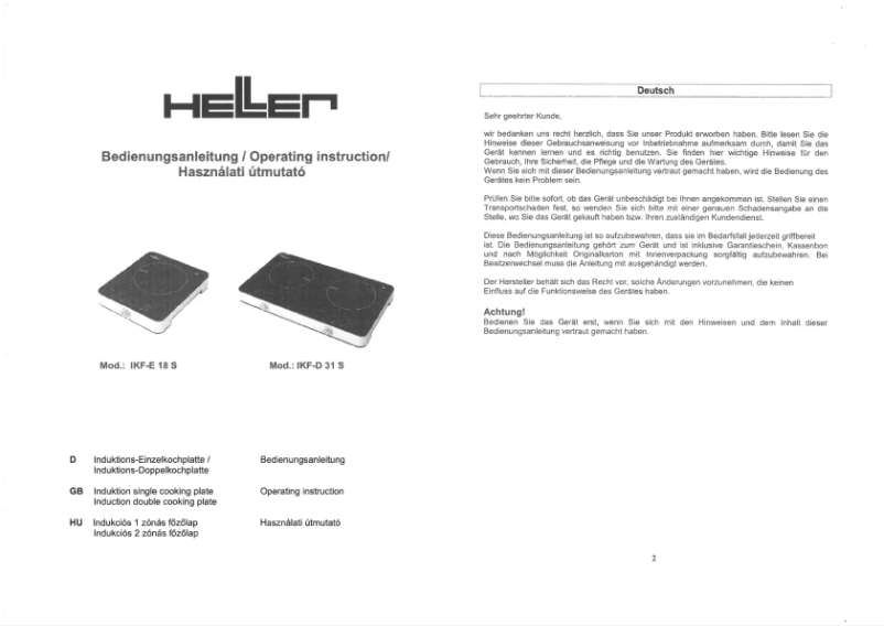 Page n°1 - Manuel utilisateur Heller IKF-E 18 S