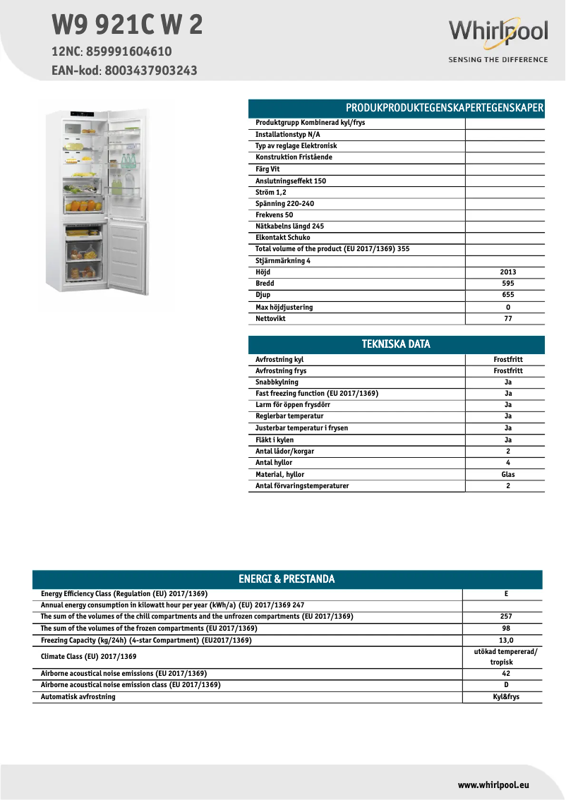 Page 1 de la notice Fiche technique Whirlpool W9 921C W