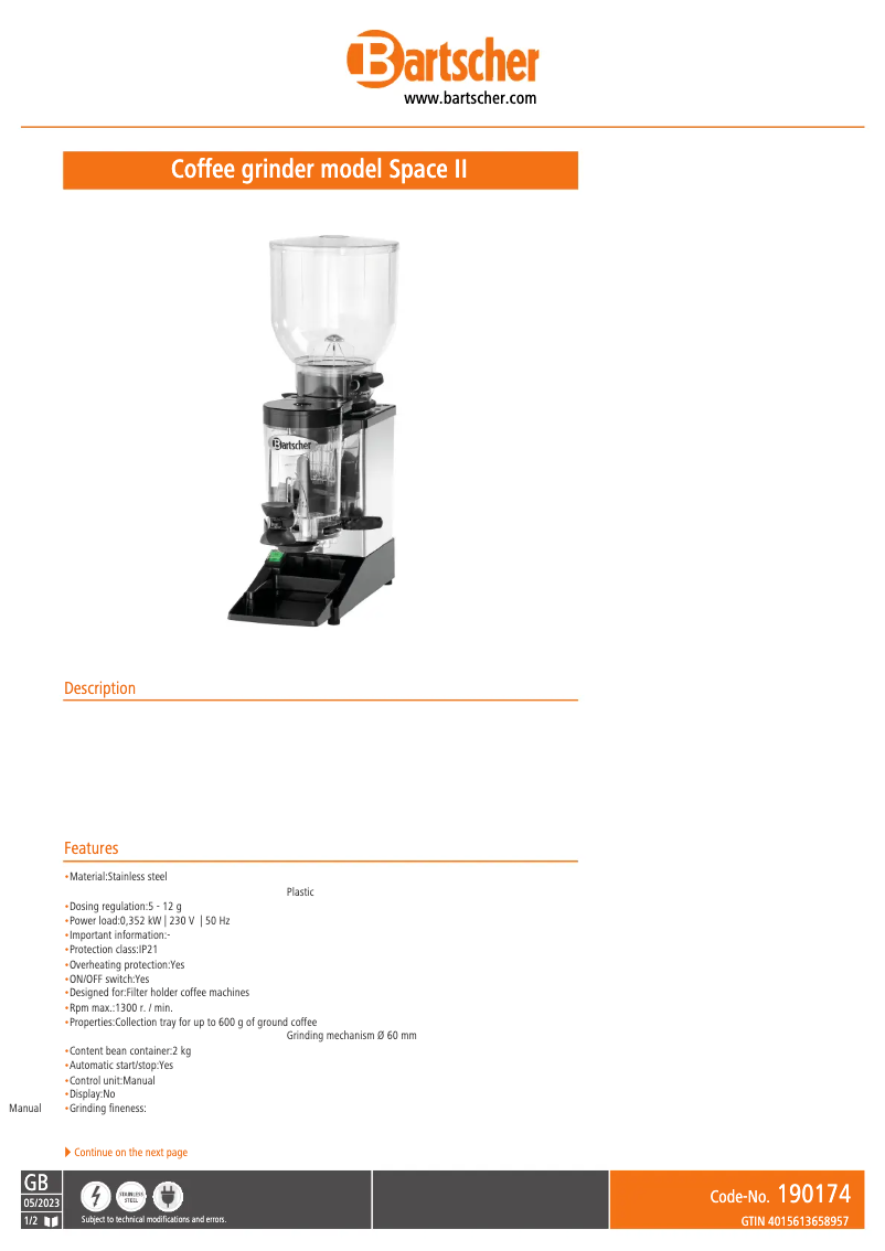 Page 1 de la notice Fiche technique Bartscher Aurora 16