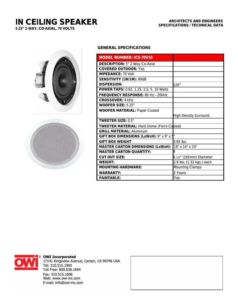 Page 1 de la notice Manuel utilisateur OWI IC5-70V10