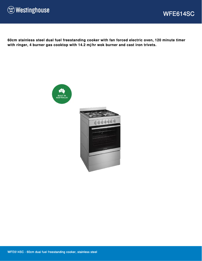 Page 1 de la notice Fiche technique Westinghouse WFE614SC