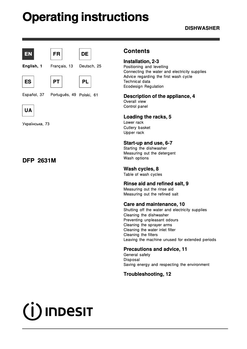 Page 1 de la notice Manuel utilisateur Indesit DFP 2631M