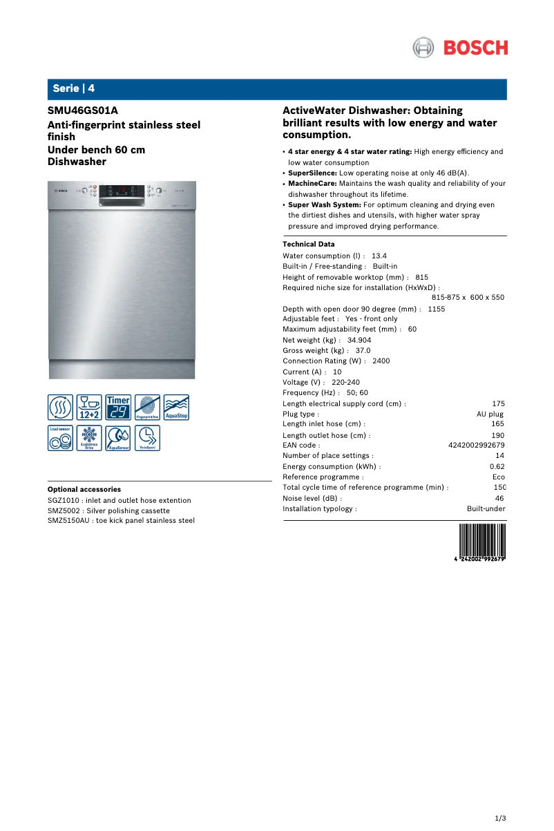 Image de la première page du manuel de l'appareil SMU46GS01A