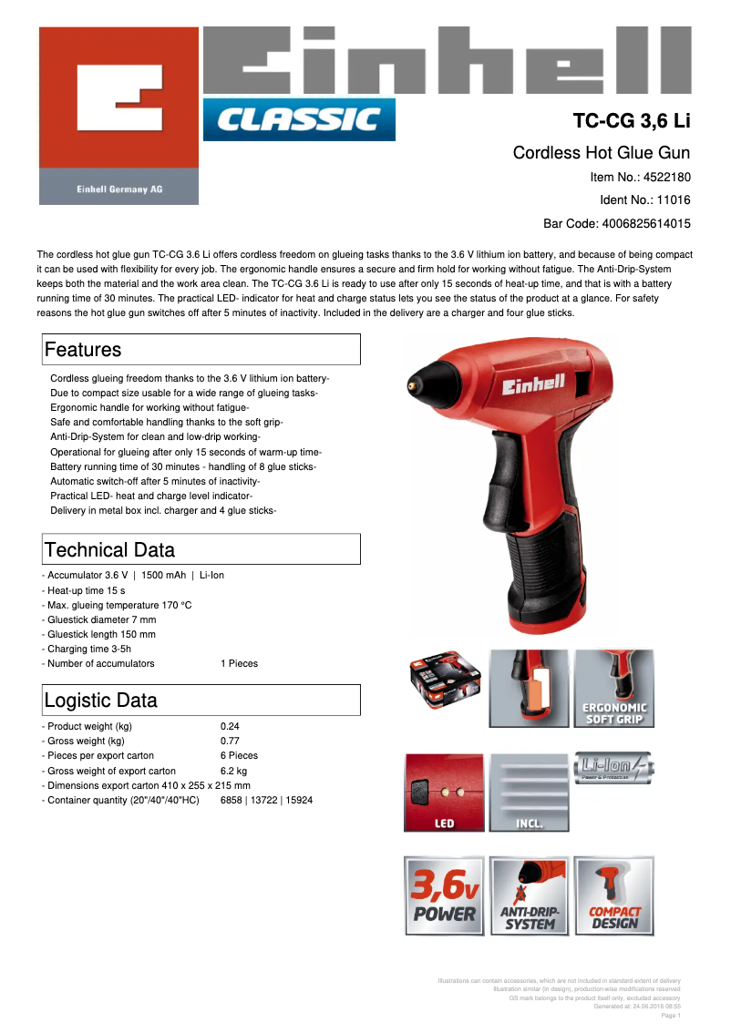Página 1 del manual Ficha técnica Einhell TC-CG 3.6 Li