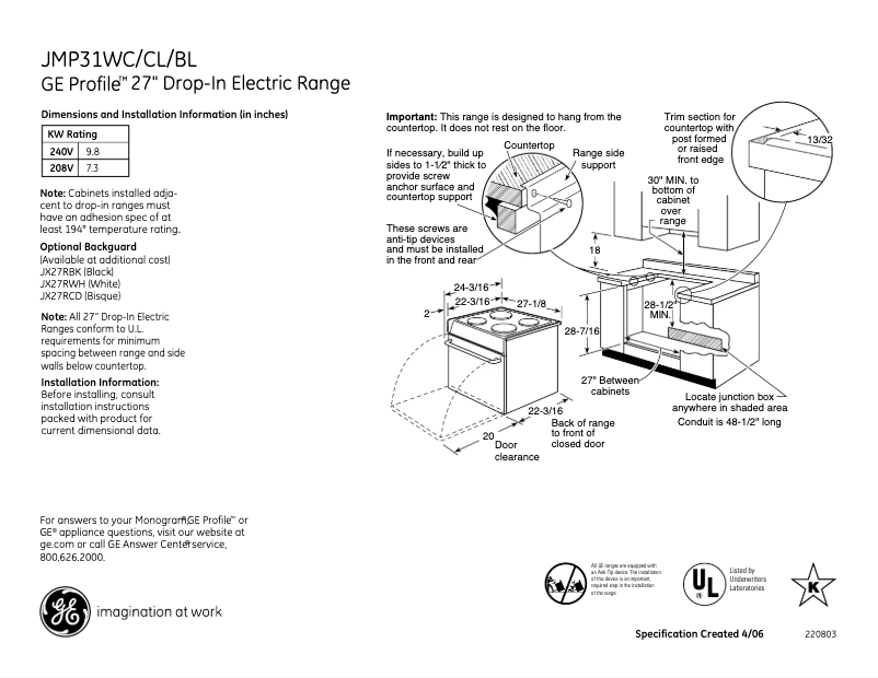 Page n°1 - Fiche technique GE Profile JMP31CLCC
