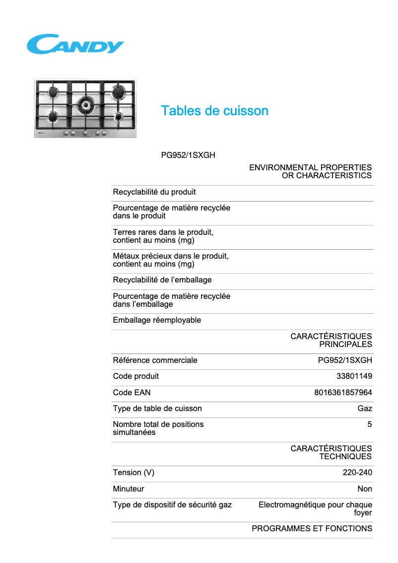 Image de la première page du manuel de l'appareil PG952/1SXGH