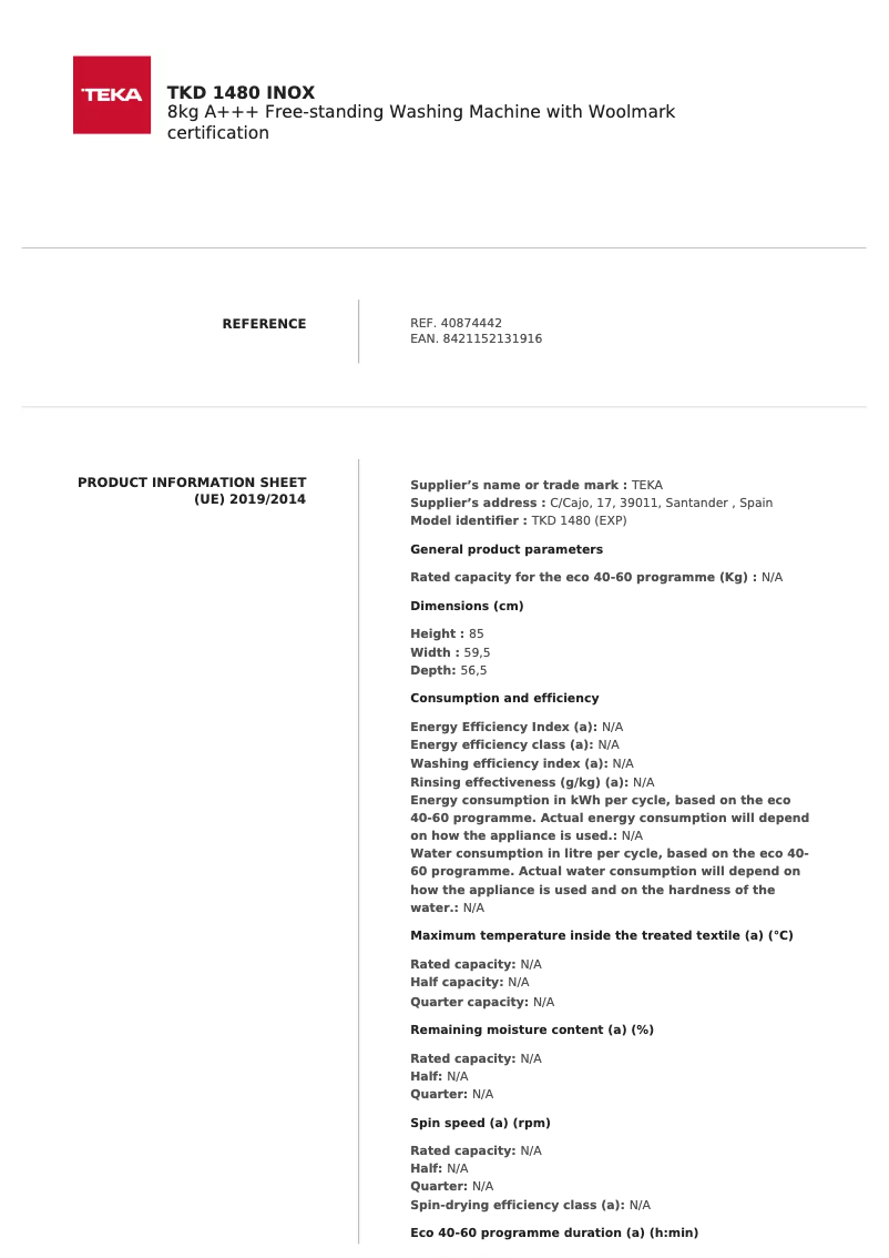 Page 1 de la notice Fiche technique Teka TKD 1480 INOX
