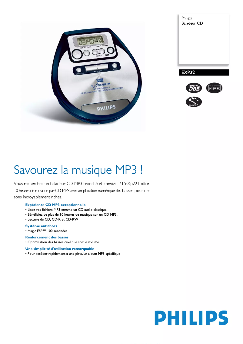 Page 1 de la notice Fiche technique Philips EXP221