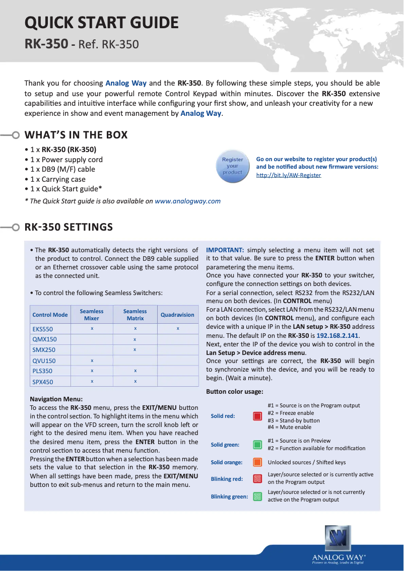 Page 1 de la notice Manuel utilisateur Analog Way RK-350