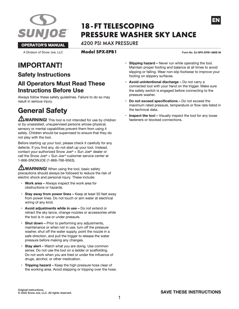 Page 1 de la notice Manuel utilisateur Sun Joe SPX-EPB1
