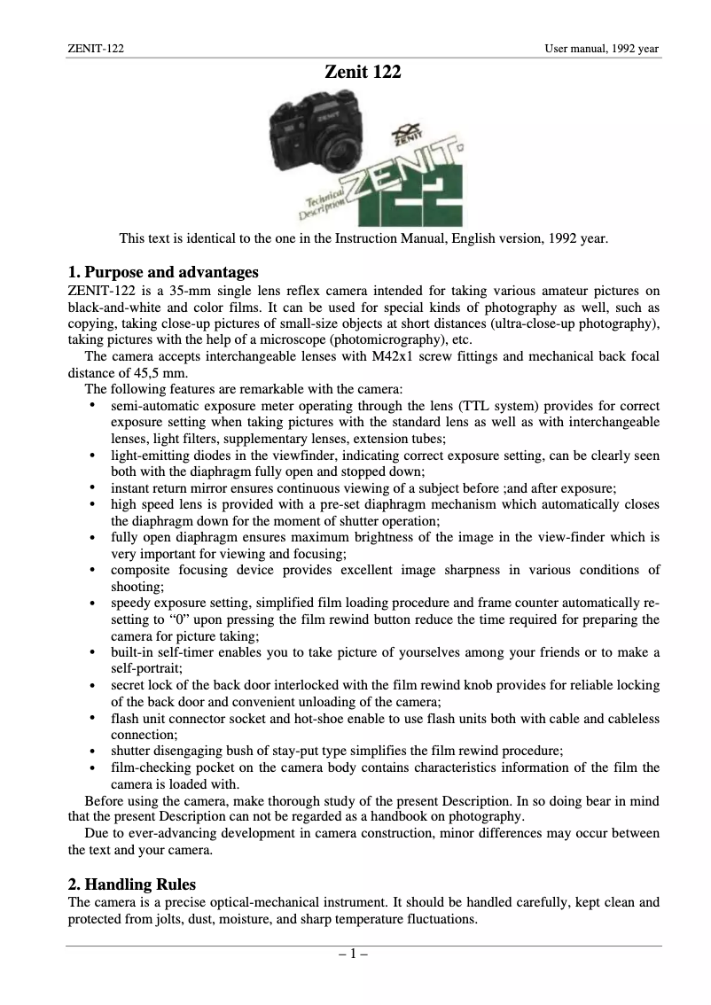 Page 1 de la notice Manuel utilisateur Zenit 122