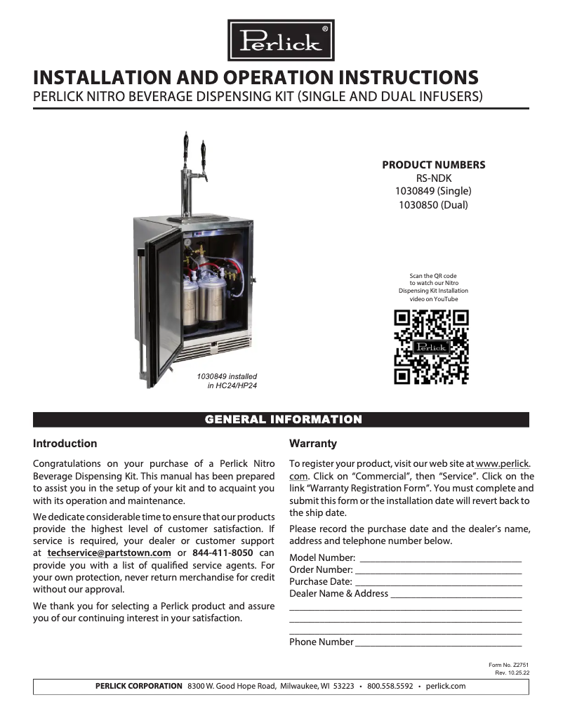 Page 1 de la notice Manuel utilisateur Perlick 1030849