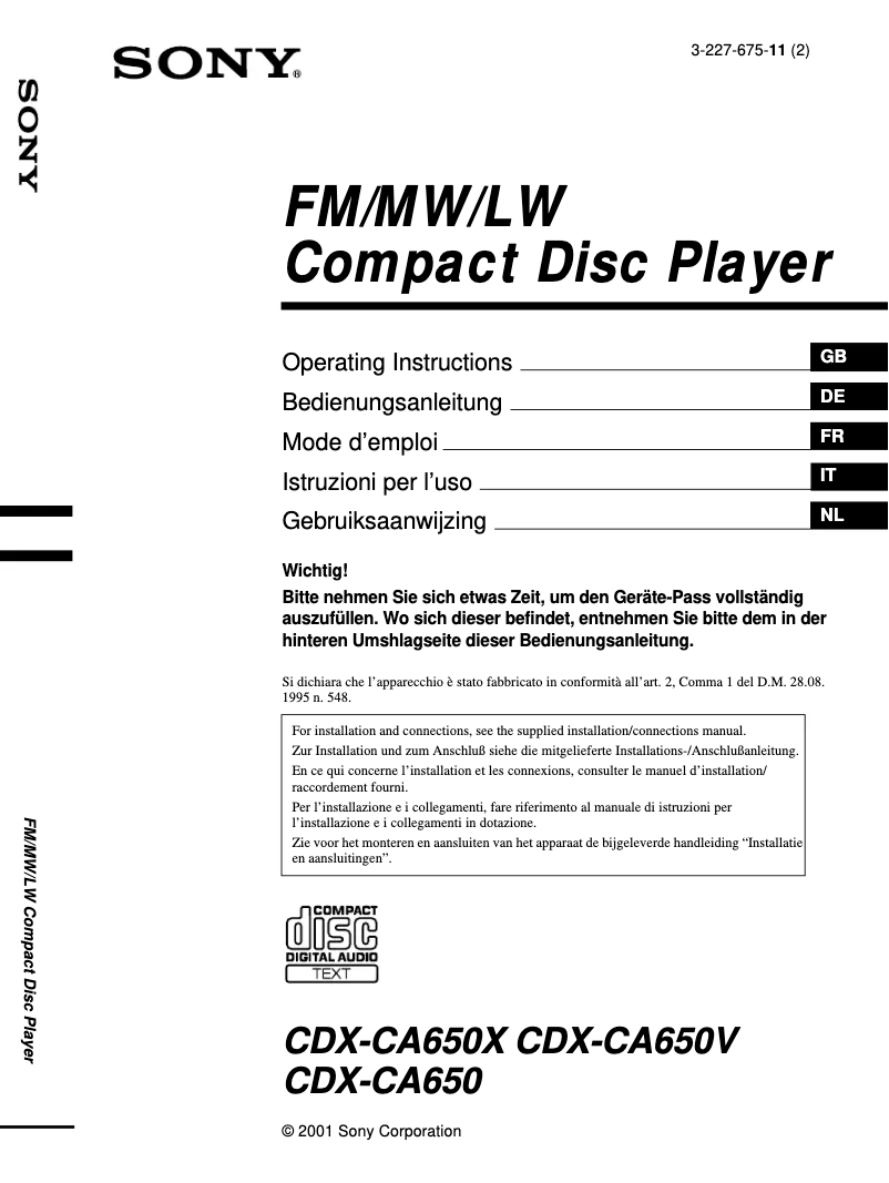 Page 1 de la notice Manuel utilisateur Sony CDX-CA650