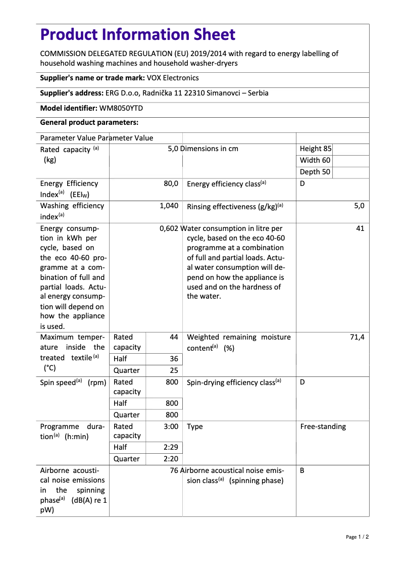 Page 1 de la notice Fiche technique VOX WM8050YTD