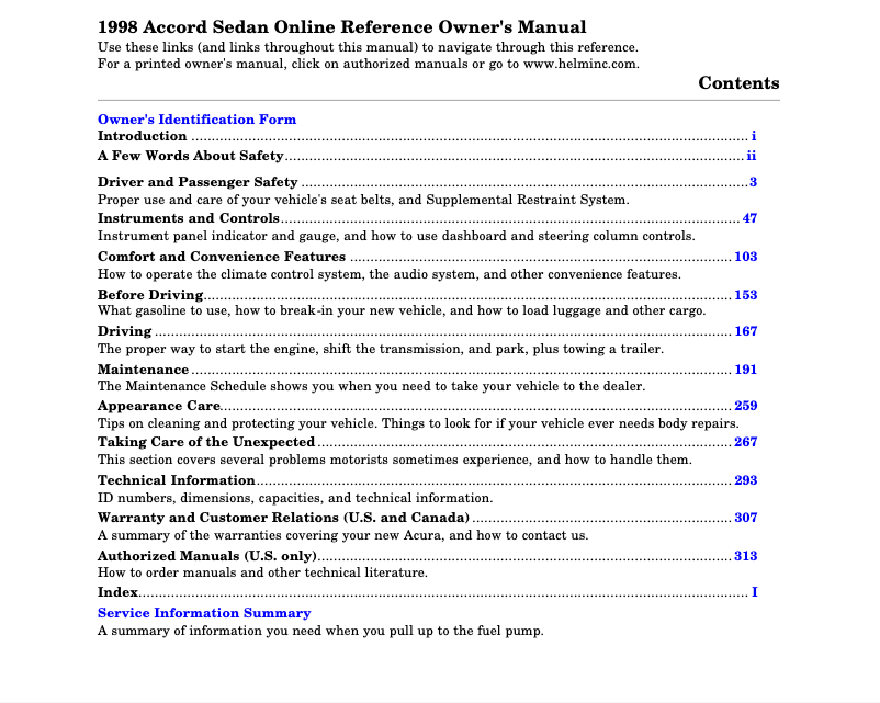 Page 1 de la notice Manuel utilisateur Honda Accord Sedan (1998)