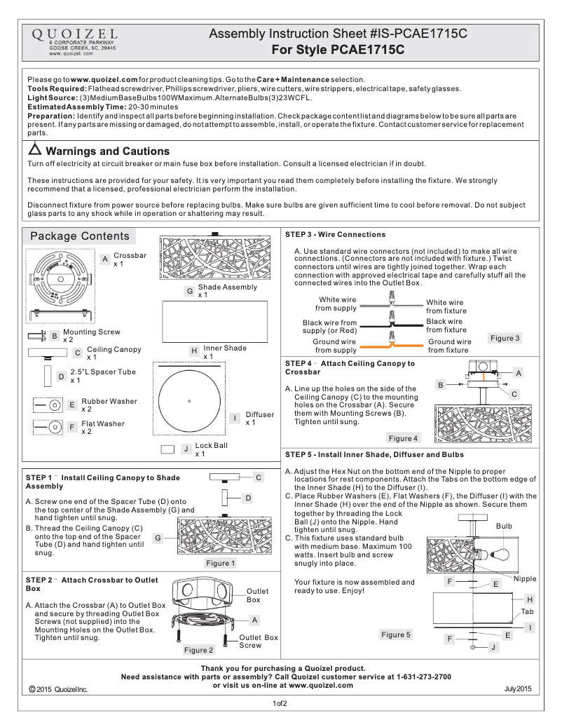Page n°1 - Manuel utilisateur Quoizel PCAE1715C