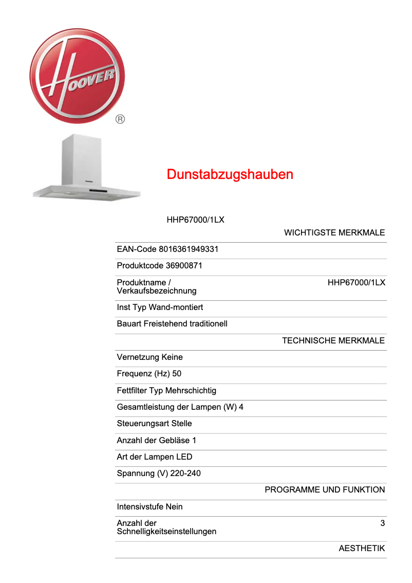 Page 1 de la notice Fiche technique Hoover HHP67000/1LX