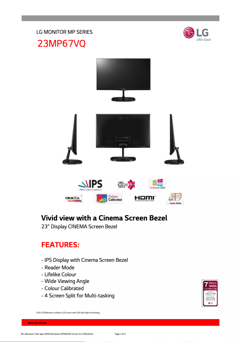 Page 1 de la notice Fiche technique LG 23MP67VQ-P