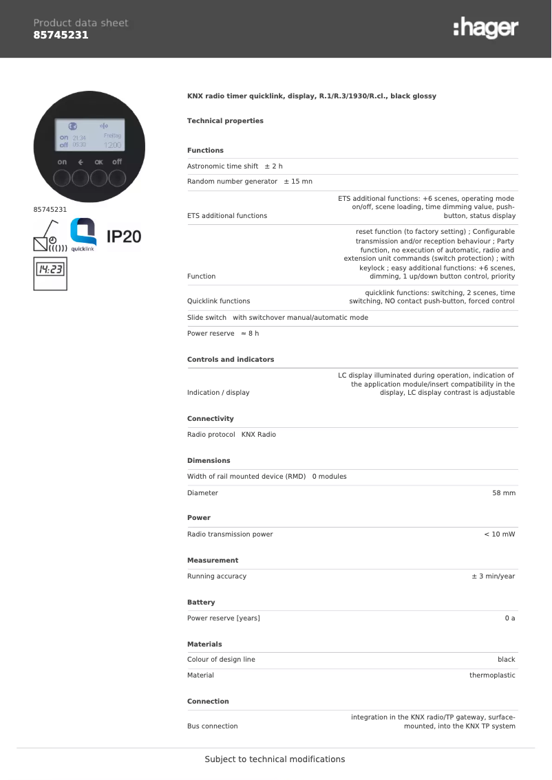 Page n°1 - Fiche technique Hager 85745231