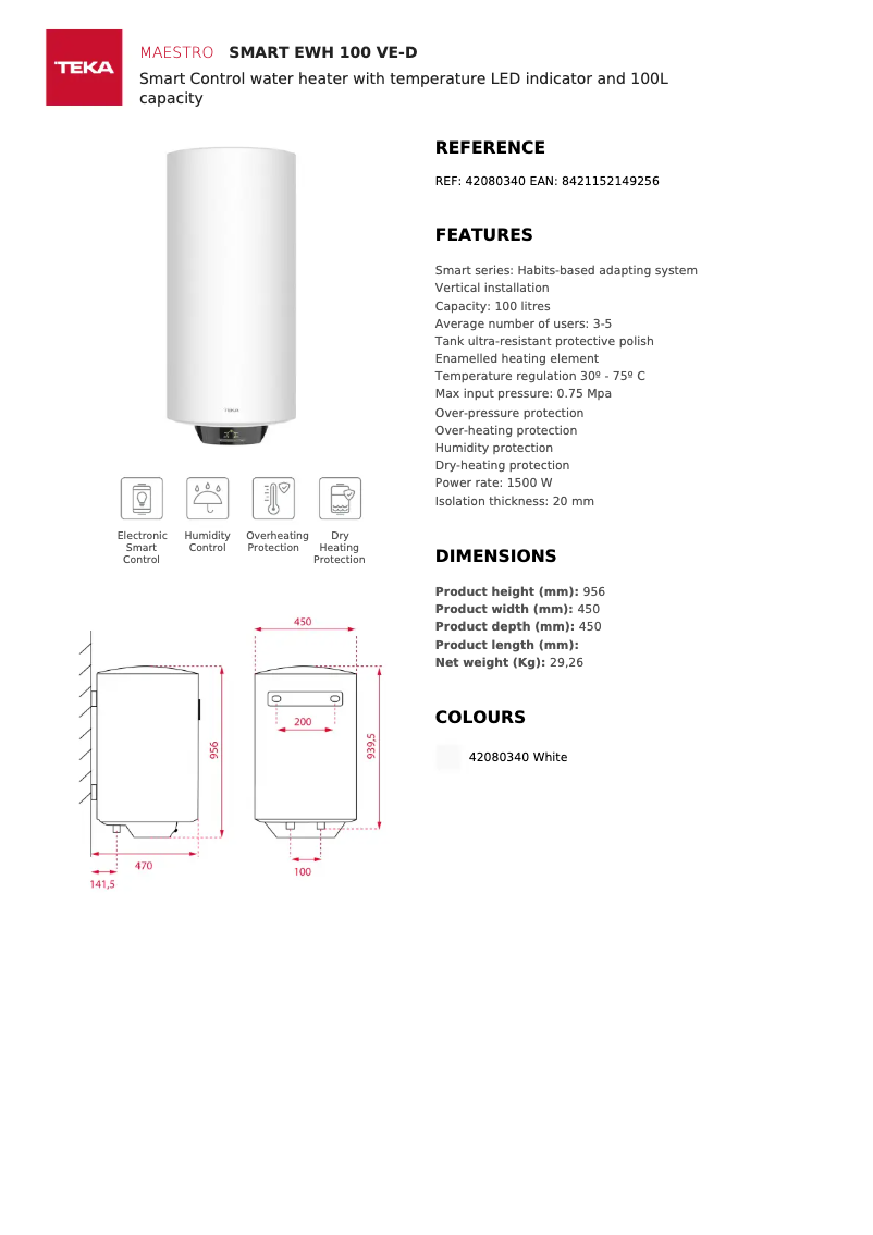 Page 1 de la notice Fiche technique Teka EWH 100 VE-D