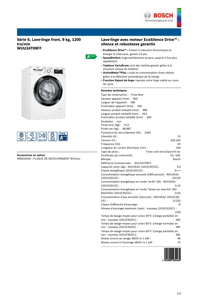 Page n°1 - Manuel utilisateur Bosch WUU24T09FF