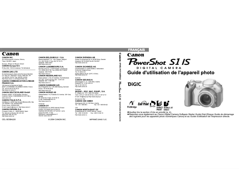 Page 1 de la notice Manuel utilisateur Canon PowerShot S1 IS