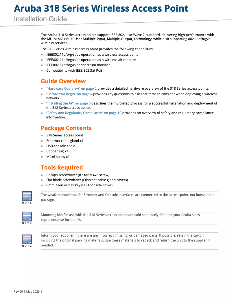 Image de la première page du manuel de l'appareil Aruba AP-318