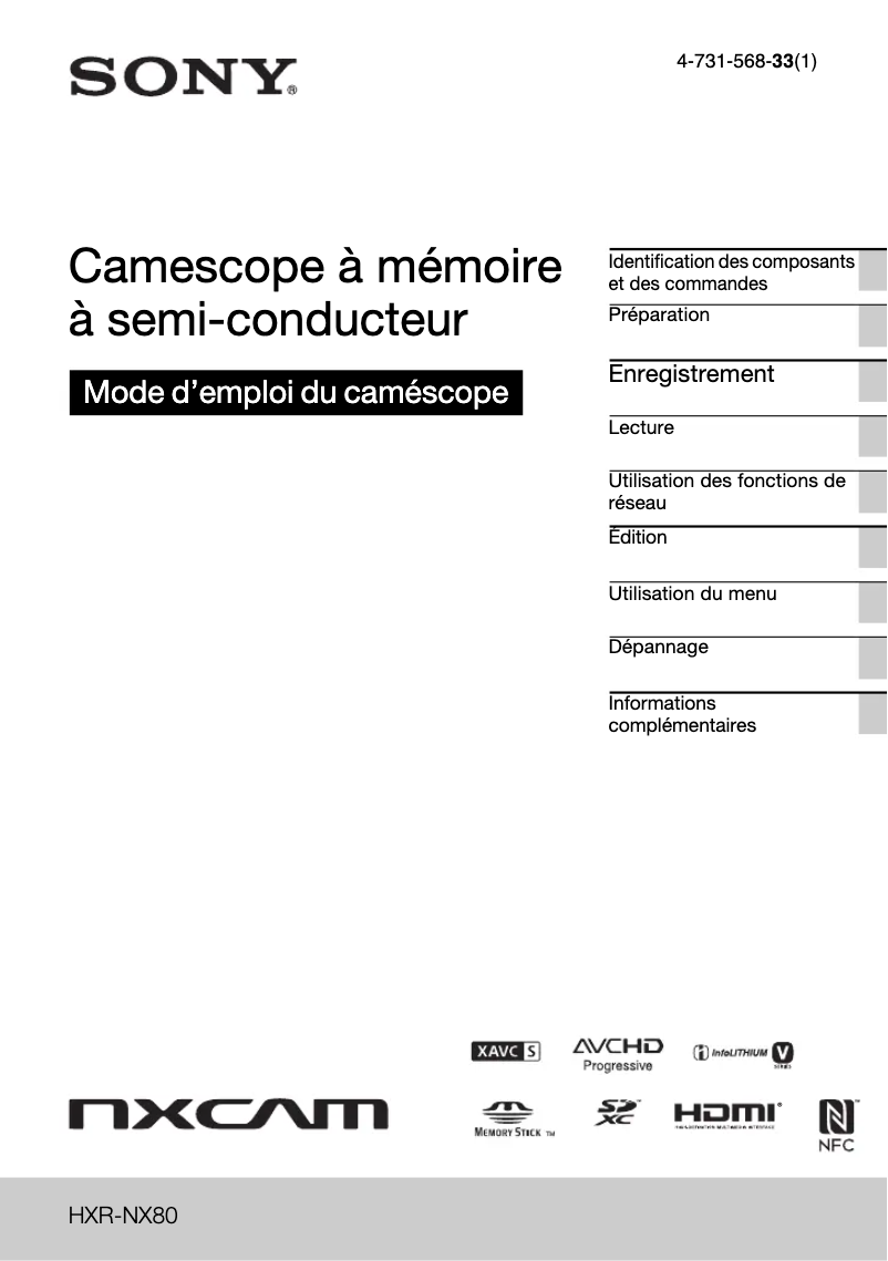 Page n°1 - Manuel utilisateur Sony HXR-NX80