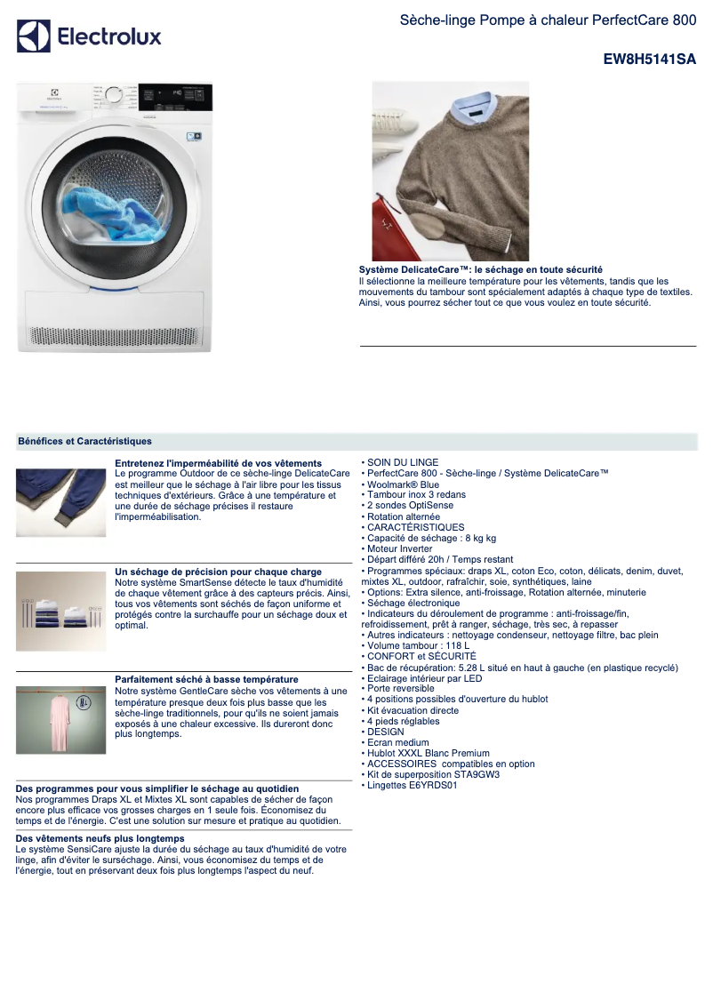 Page 1 de la notice Fiche technique Electrolux EW8H5141SA