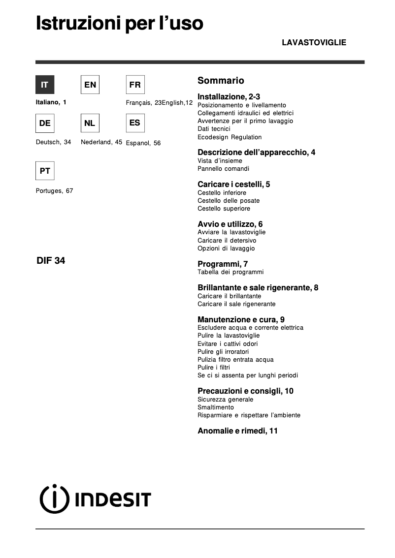 Page n°1 - Manuel utilisateur Indesit DIF 34
