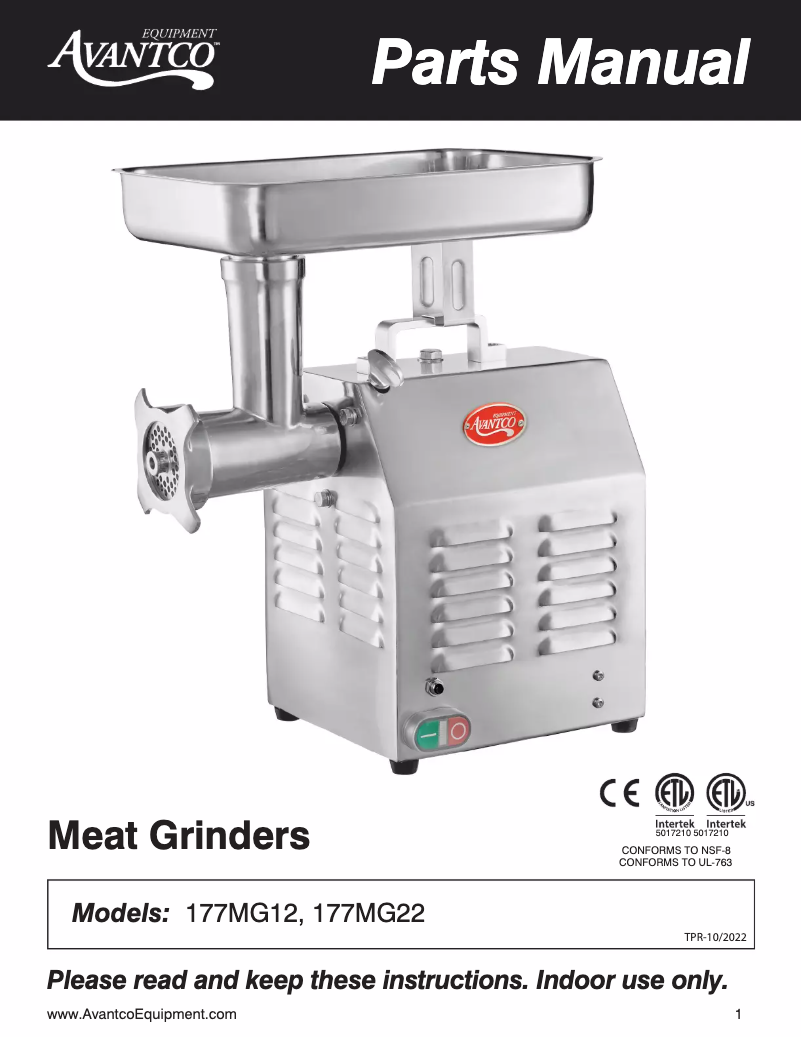 Page 1 de la notice Manuel utilisateur Avantco 177MG22