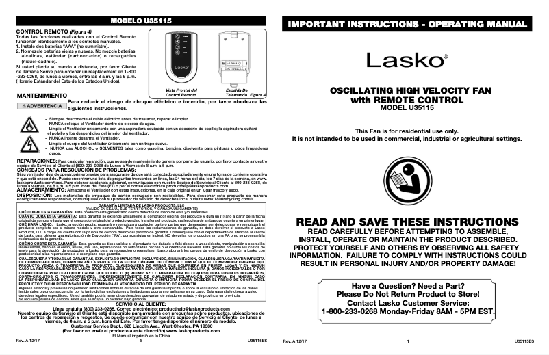 Page 1 de la notice Manuel utilisateur Lasko Oscillating High Velocity U35115