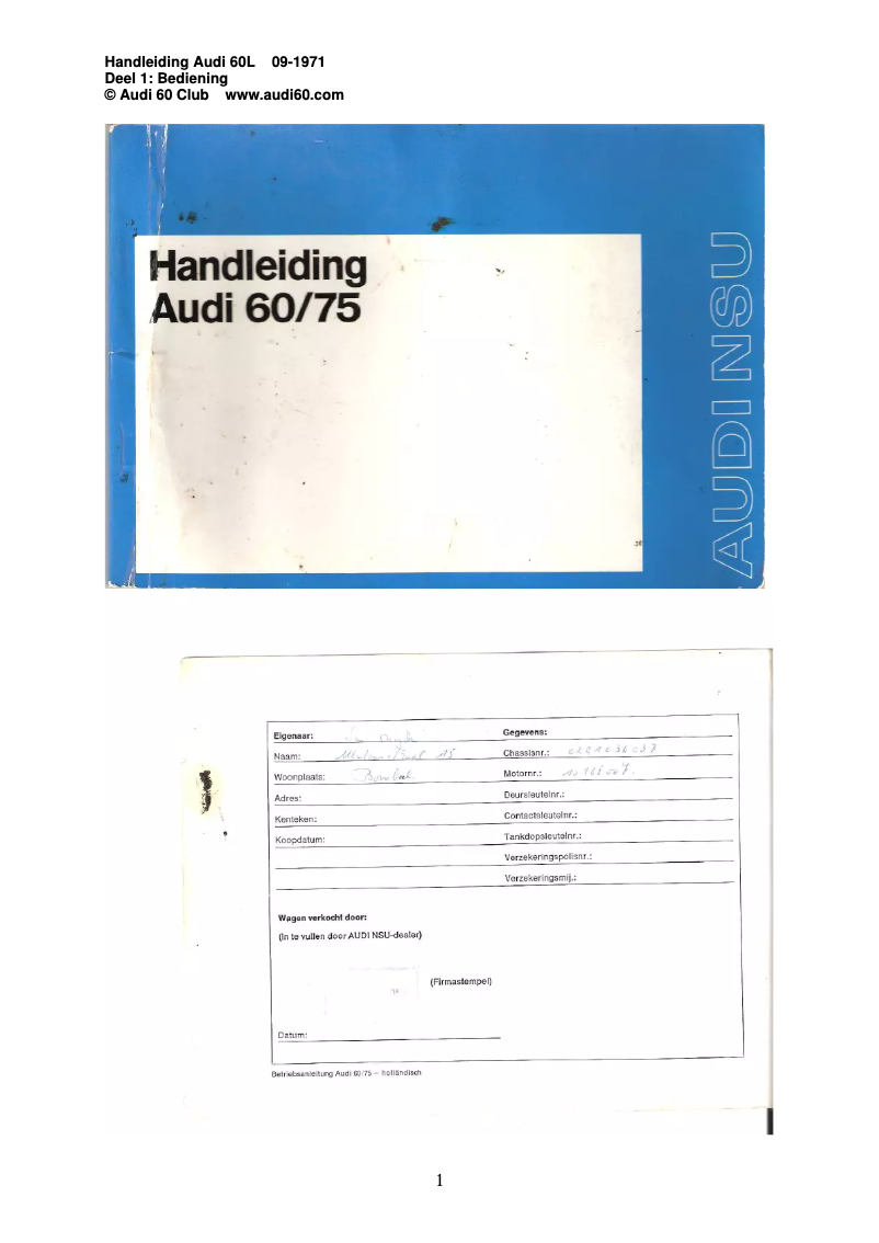 Page 1 de la notice Manuel utilisateur Audi 60 L (1971)