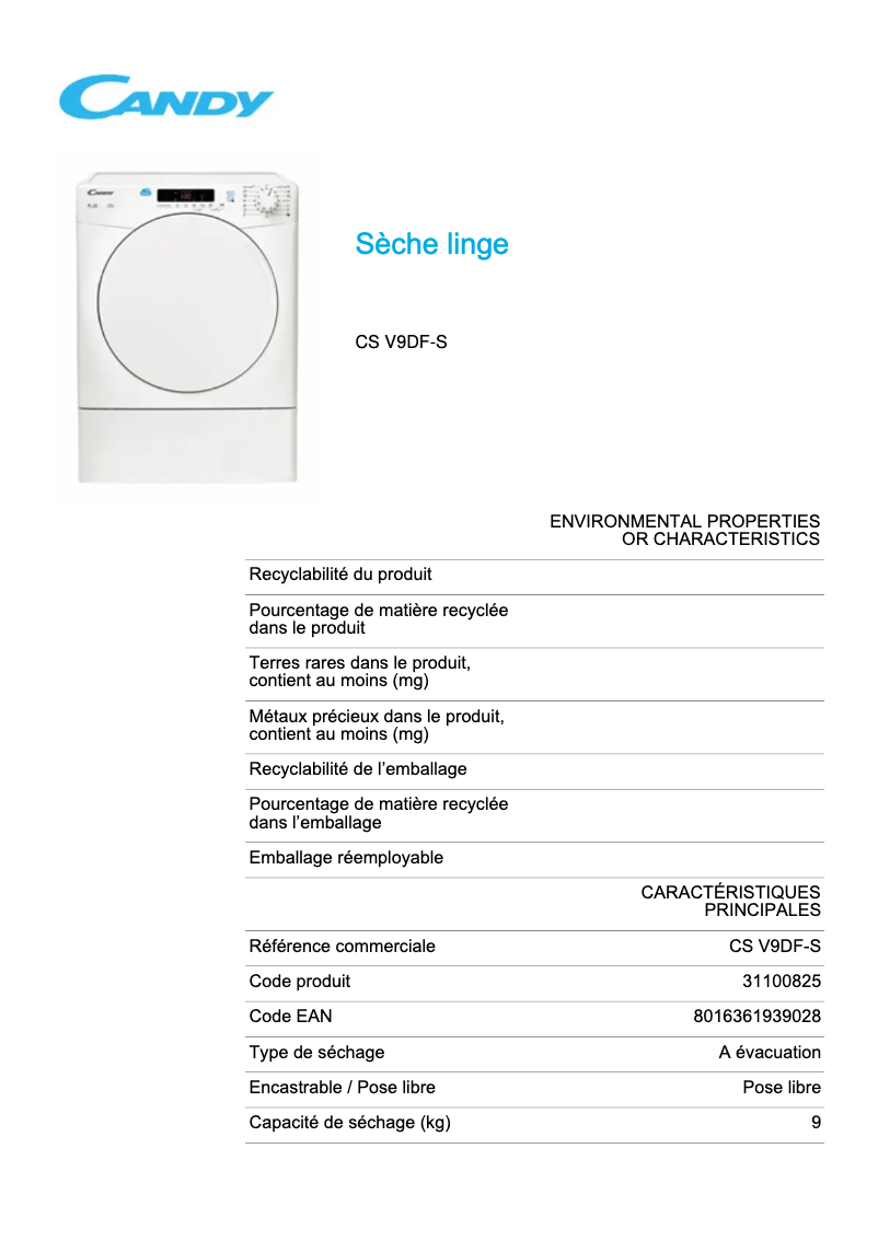 Page 1 de la notice Fiche technique Candy CS V9DF-S