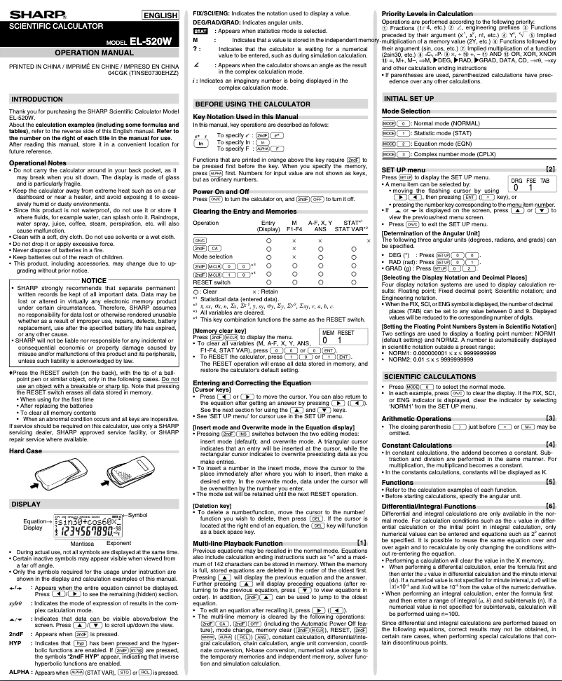 Page 1 de la notice Manuel utilisateur Sharp EL-520XBWH