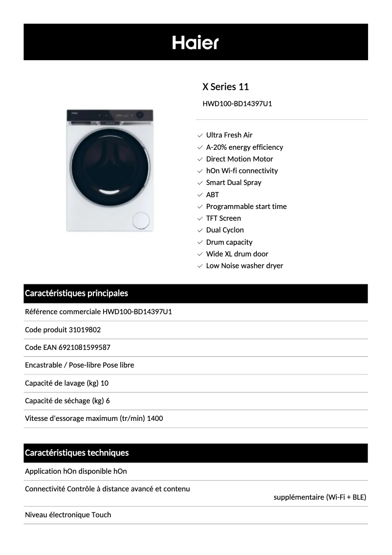 Page 1 de la notice Fiche technique Haier HWD100-BD14397U1