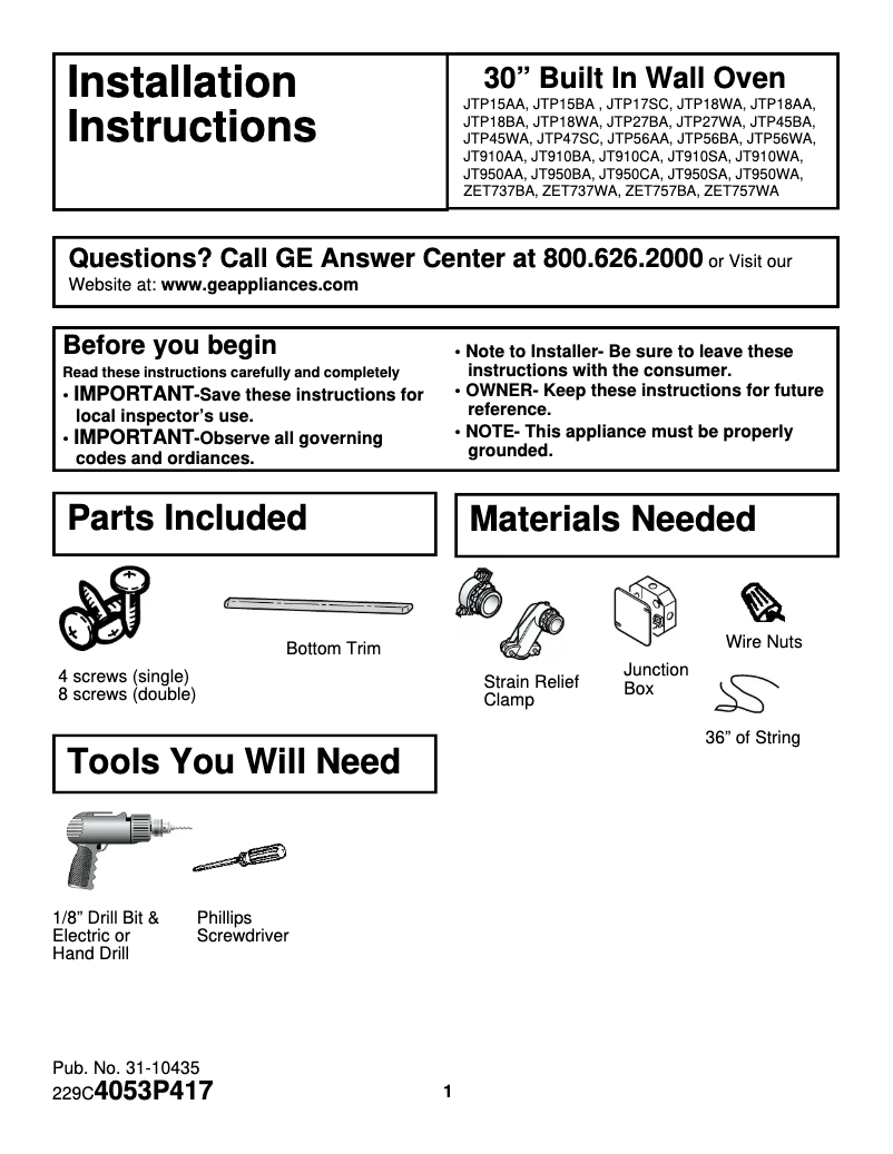 Page n°1 - Guide d'installation GE Profile Performance JT910BABB