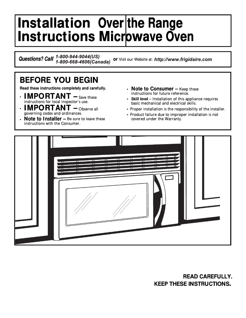 Page n°1 - Guide d'installation Frigidaire FMV157GS