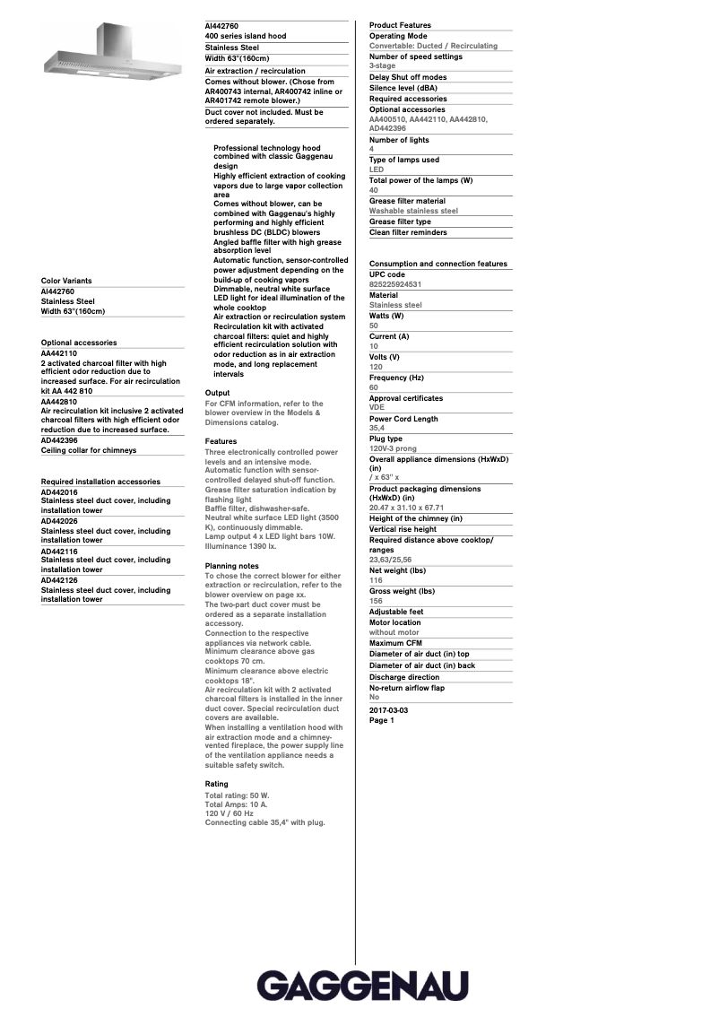 Página 1 del manual Ficha técnica Gaggenau AI442760