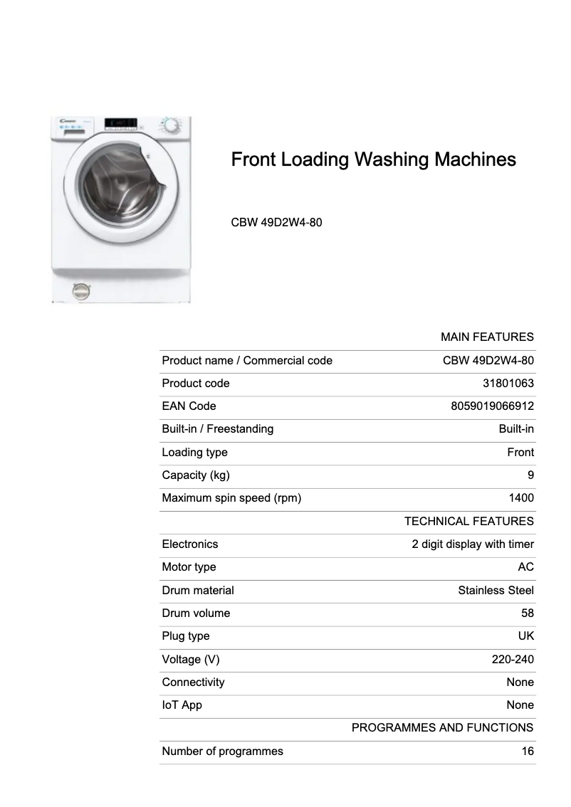 Page 1 de la notice Fiche technique Candy CBW 49D2W4-80