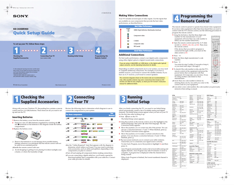 Page 1 de la notice Guide d'installation Sony KD-34XBR960