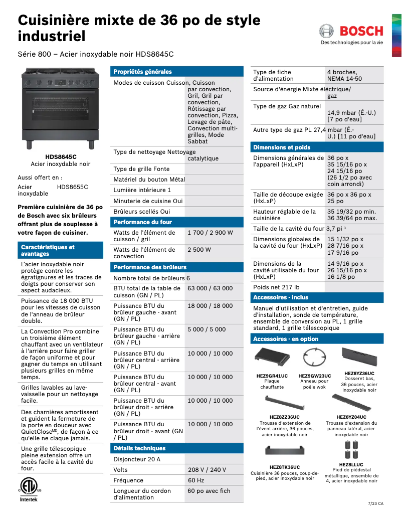 Page 1 de la notice Fiche technique Bosch HDS8645C
