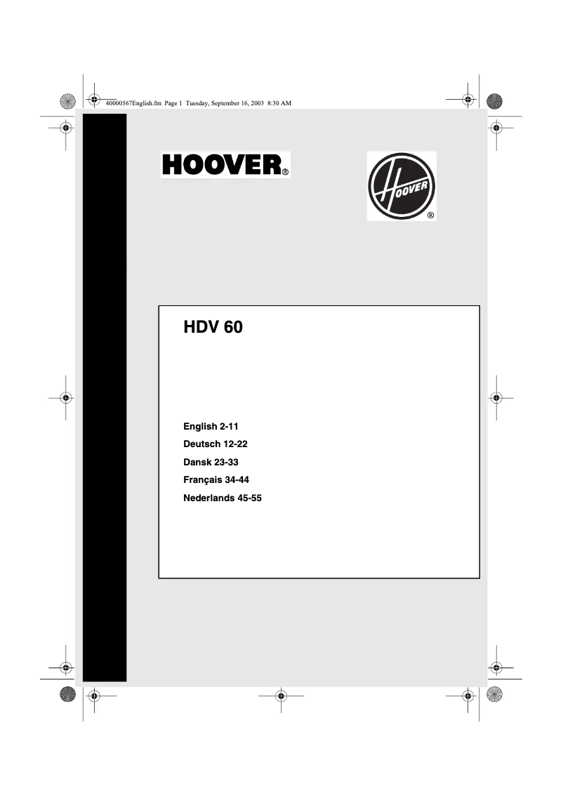 Page n°1 - Manuel utilisateur Hoover HDV 60 SY