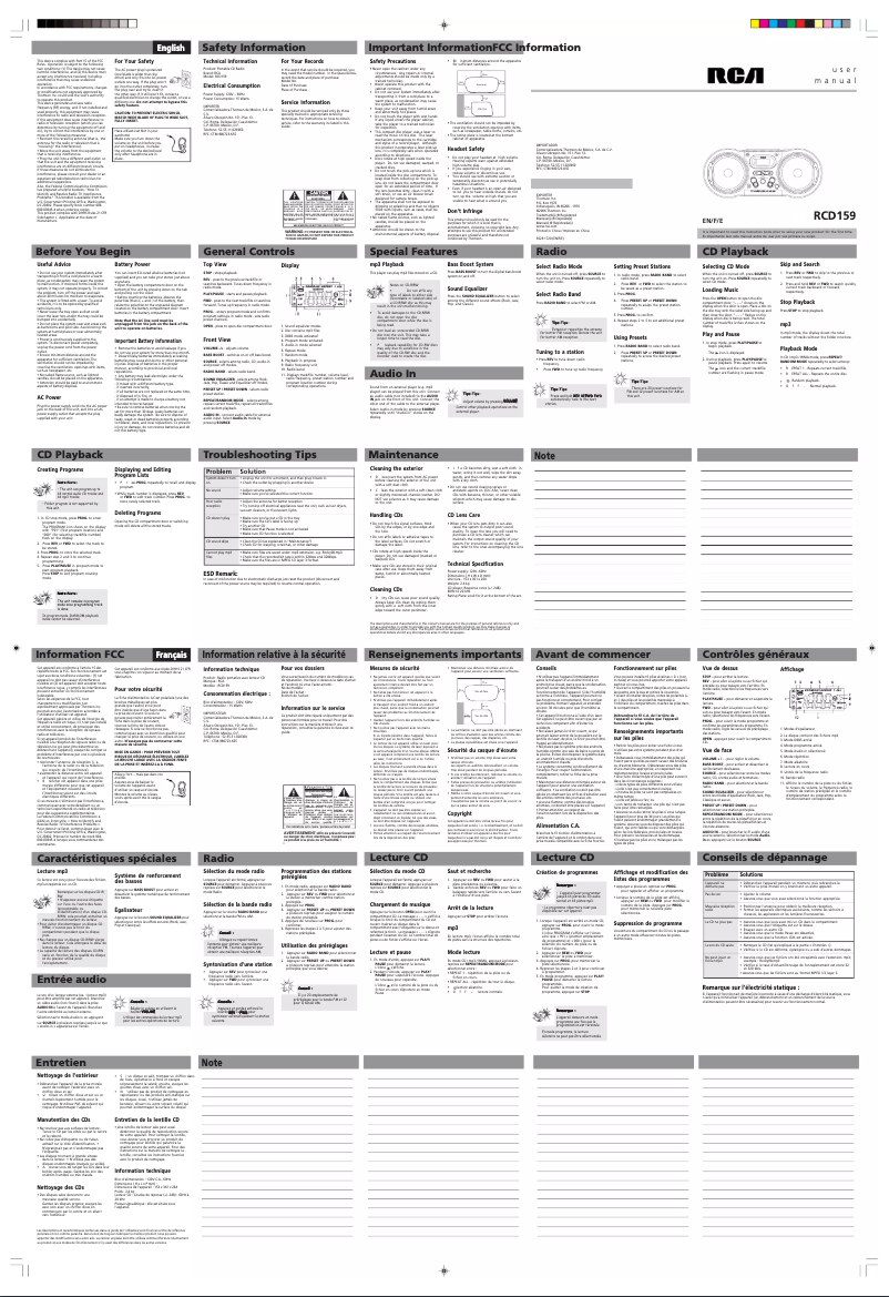 Page 1 de la notice Manuel utilisateur RCA RCD159